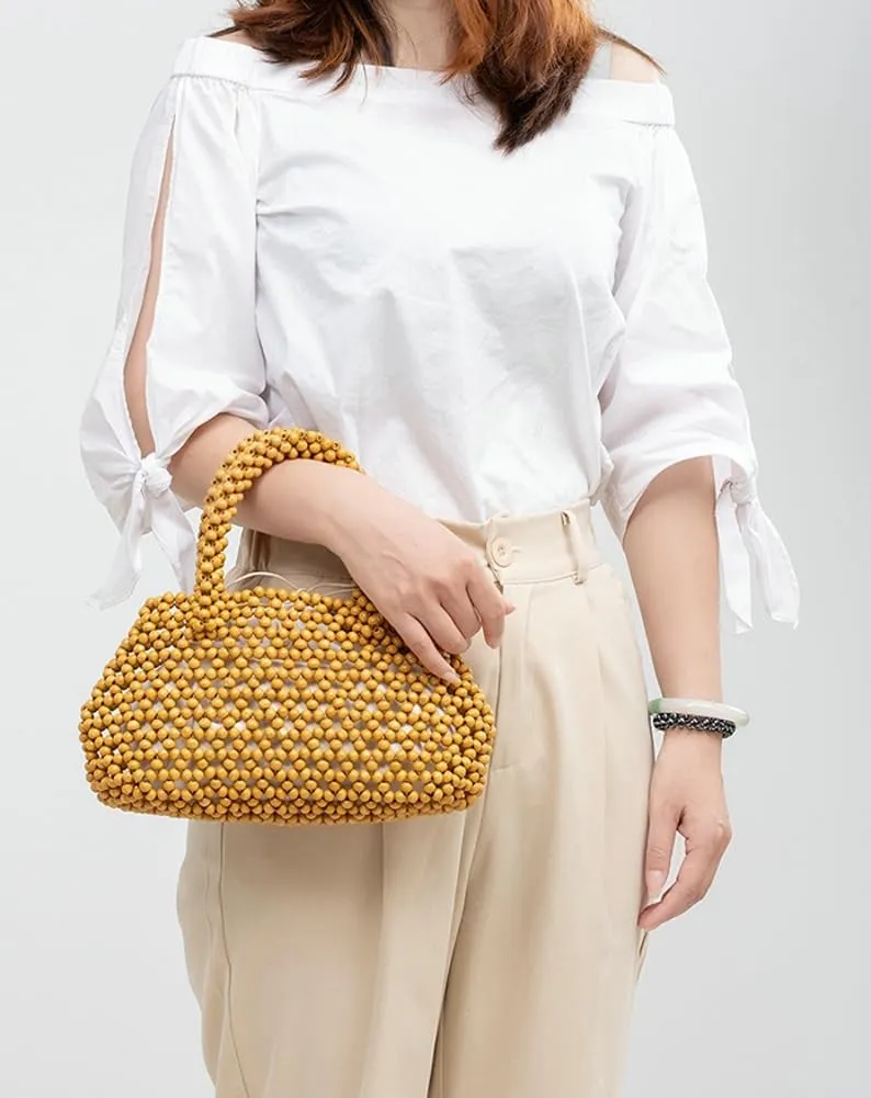 Womens Wooden Handbag Handmade Woven Bead Tote Bag Small Hollow Summer Beach Casual Bucket Purse for Vacation
