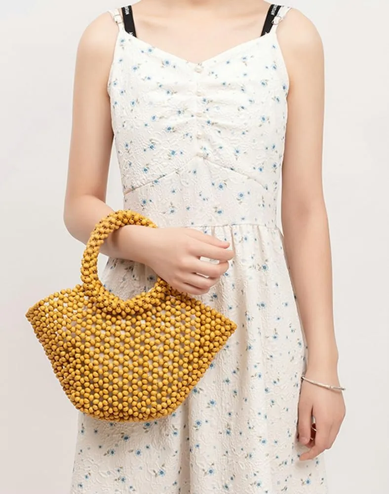 Womens Wooden Handbag Handmade Woven Bead Tote Bag Small Hollow Summer Beach Casual Bucket Purse for Vacation