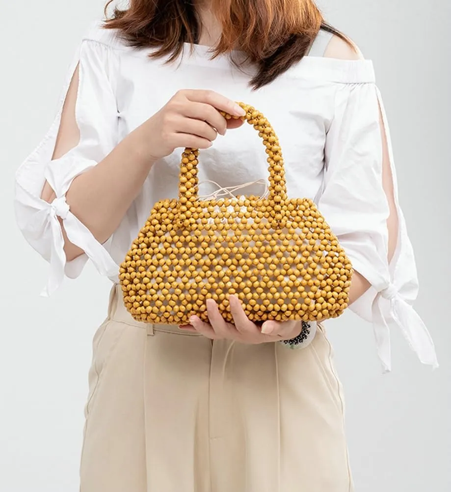 Womens Wooden Handbag Handmade Woven Bead Tote Bag Small Hollow Summer Beach Casual Bucket Purse for Vacation