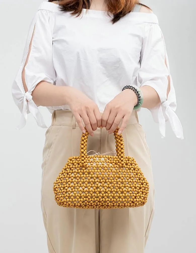 Womens Wooden Handbag Handmade Woven Bead Tote Bag Small Hollow Summer Beach Casual Bucket Purse for Vacation