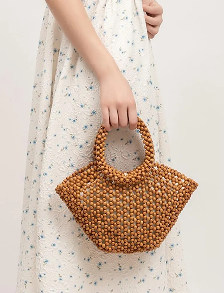 Womens Wooden Handbag Handmade Woven Bead Tote Bag Small Hollow Summer Beach Casual Bucket Purse for Vacation