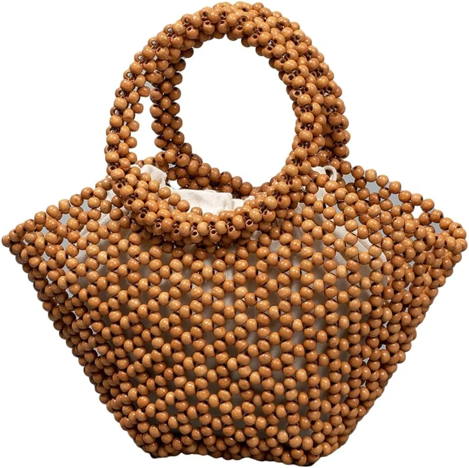 Womens Wooden Handbag Handmade Woven Bead Tote Bag Small Hollow Summer Beach Casual Bucket Purse for Vacation