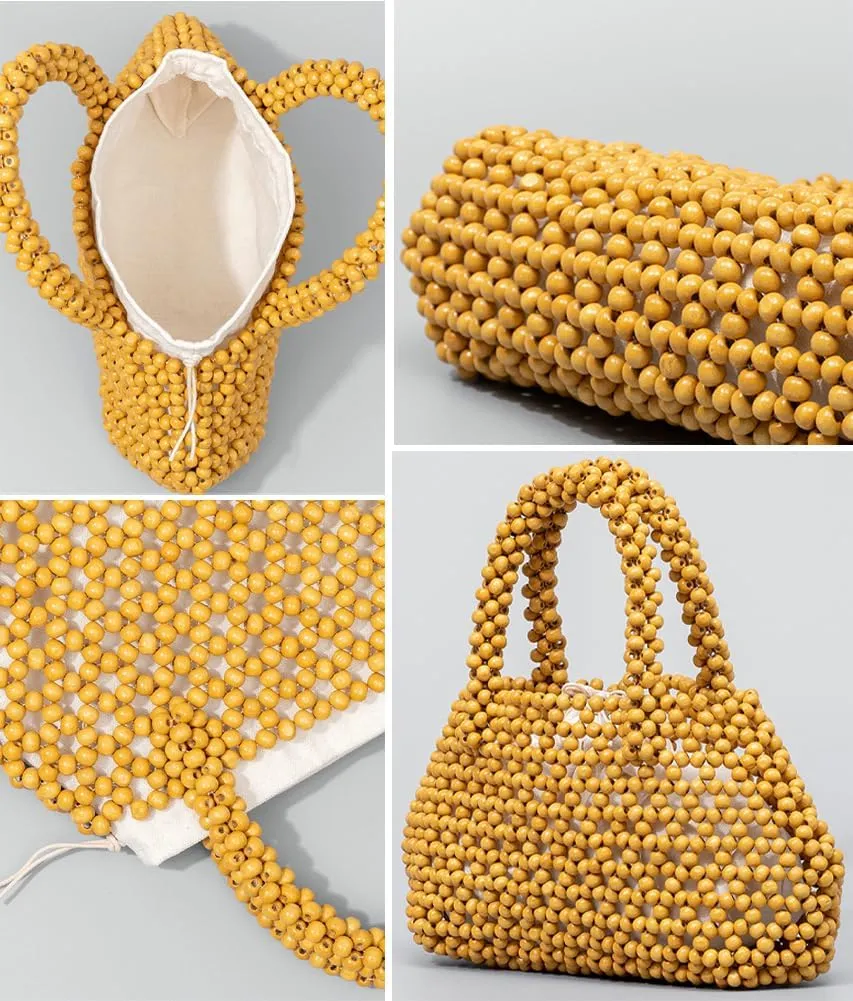 Womens Wooden Handbag Handmade Woven Bead Tote Bag Small Hollow Summer Beach Casual Bucket Purse for Vacation