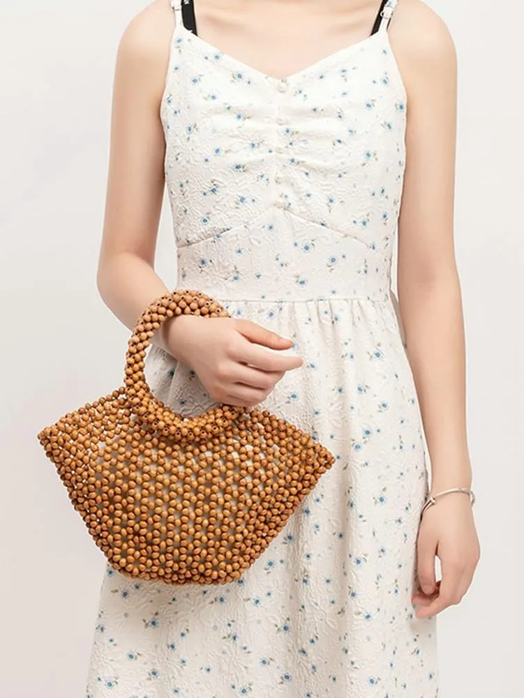 Womens Wooden Handbag Handmade Woven Bead Tote Bag Small Hollow Summer Beach Casual Bucket Purse for Vacation