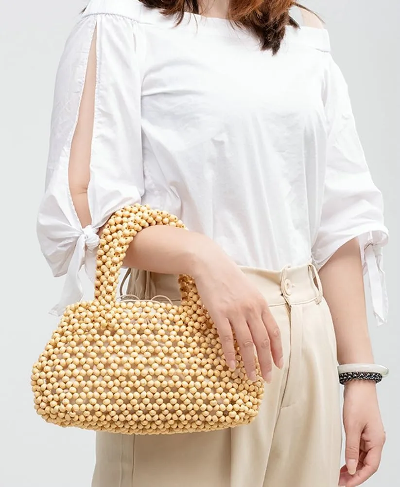 Womens Wooden Handbag Handmade Woven Bead Tote Bag Small Hollow Summer Beach Casual Bucket Purse for Vacation