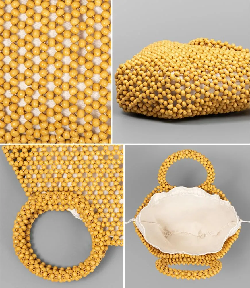 Womens Wooden Handbag Handmade Woven Bead Tote Bag Small Hollow Summer Beach Casual Bucket Purse for Vacation
