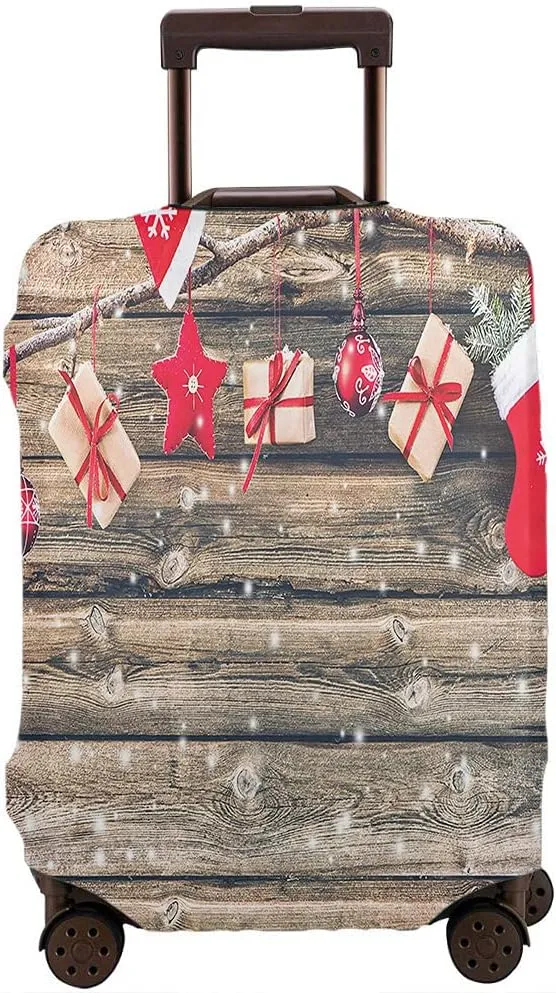 WONDERTIFY Christmas Decoration Luggage Cover Stocking Gift Boxes Red Hats Hanging Rustic Wooden Xmas Washable Suitcase Protector Anti-Scratch Suitcase Cover Fits 22-24 Inch