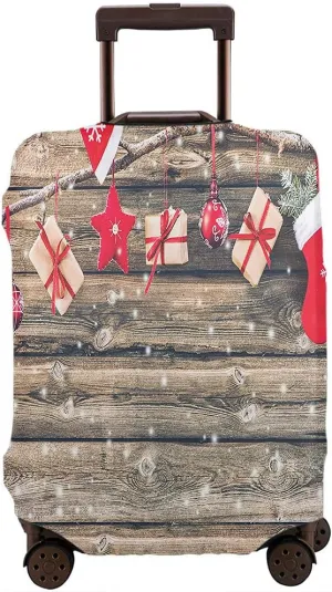 WONDERTIFY Christmas Decoration Luggage Cover Stocking Gift Boxes Red Hats Hanging Rustic Wooden Xmas Washable Suitcase Protector Anti-Scratch Suitcase Cover Fits 22-24 Inch