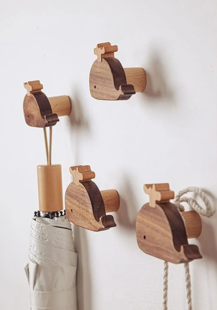 WONQEXZ Wall Hook,Child Baby Nursery Wood Wall Hook,Whale Coat Hooks,Wooden Hooks,Children Wall Mounted Hook,Set of 4