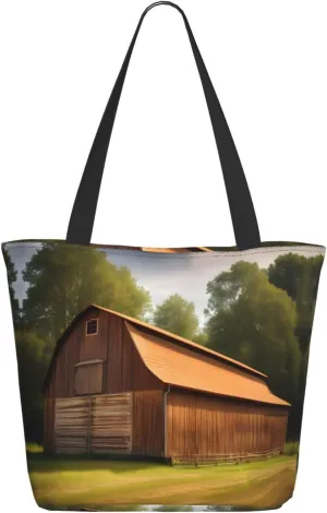 Wooden Barn Countryside Tote Bag with Zipper for Women Inside Mesh Pocket Heavy Duty Casual Anti-water Cloth Shoulder Handbag Outdoors
