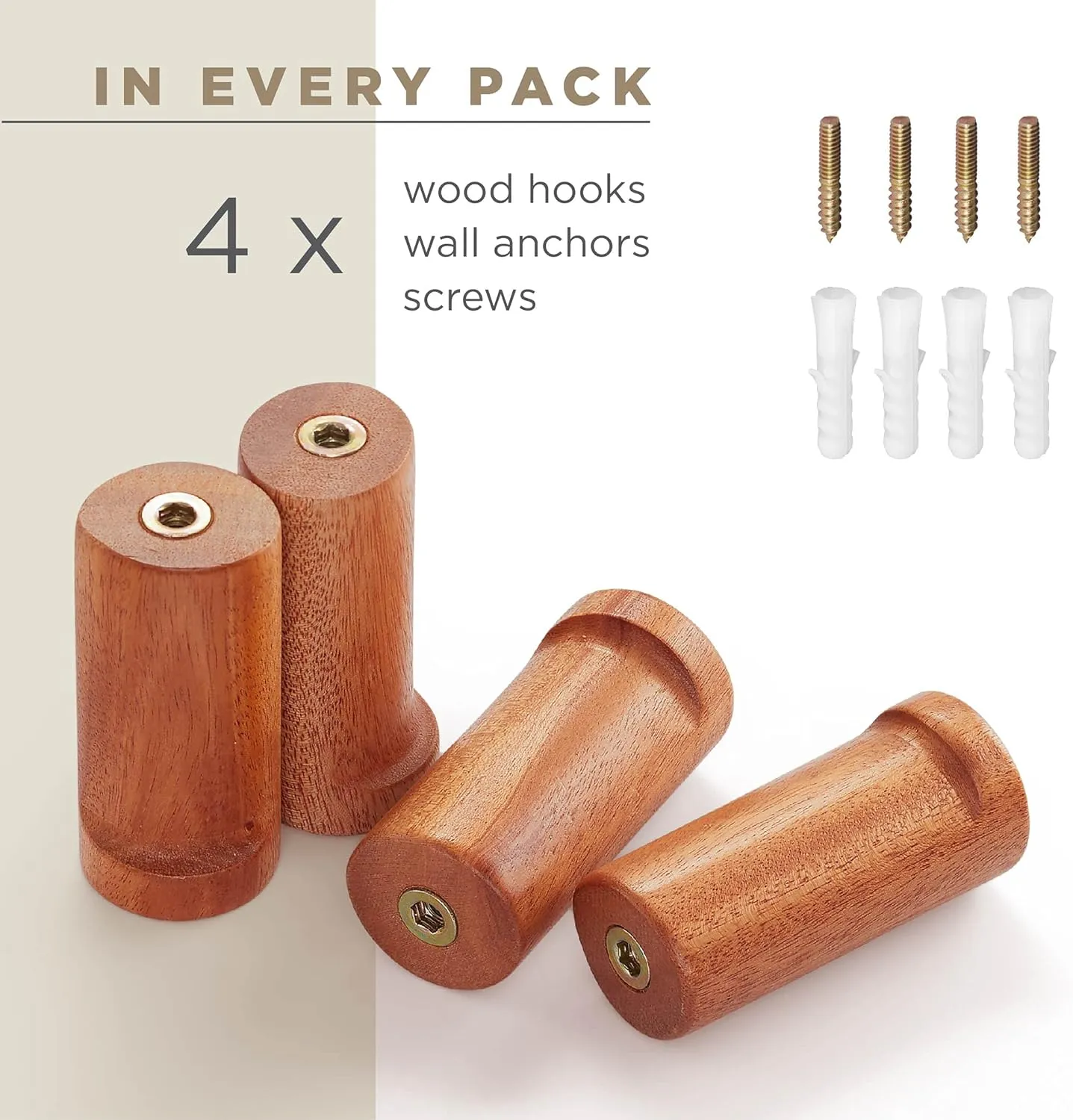 Wooden Coat Hook Wall Mounted (4 Packs) Hat Hooks, Single Coat Hat Rack Wall Mount, Wood Coat Hanger for Hanging Hat, Towel, Bag, Rope (Brown, 3" Set 4)