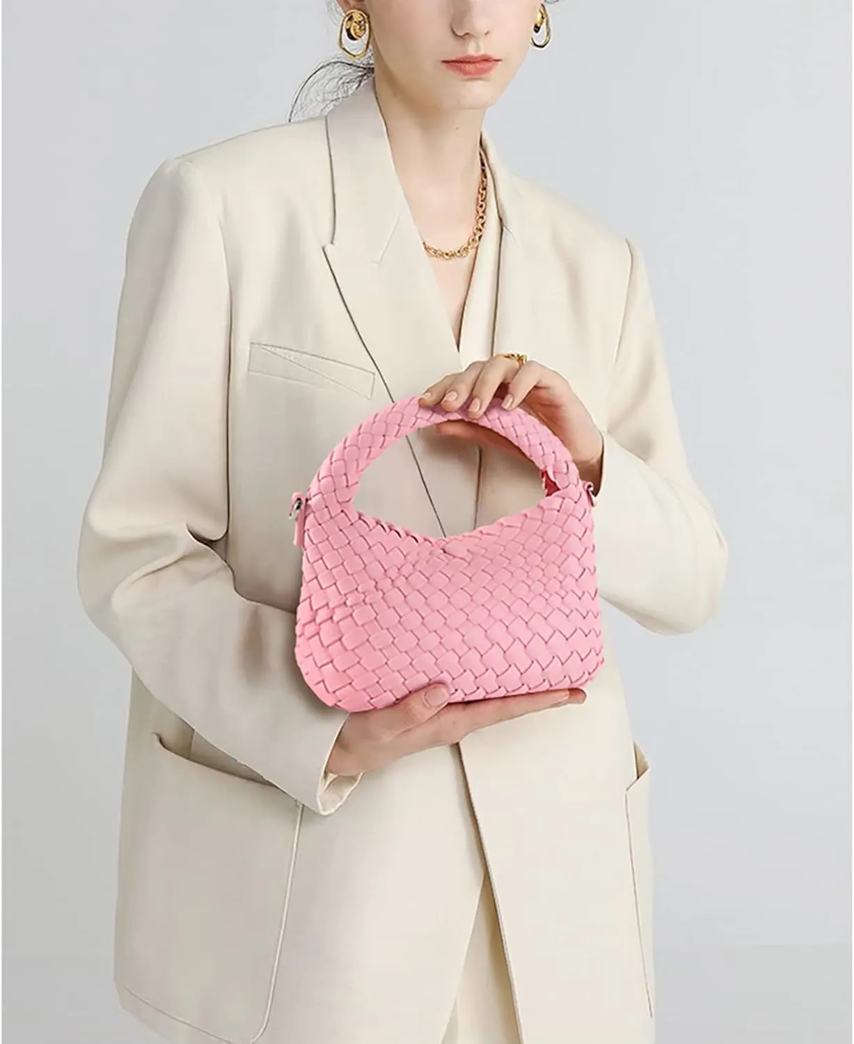 Woven Purse For Women, Small Crossbody Tote Bag with Detachable Shoulder Strap, Girls Top Handle Handbag