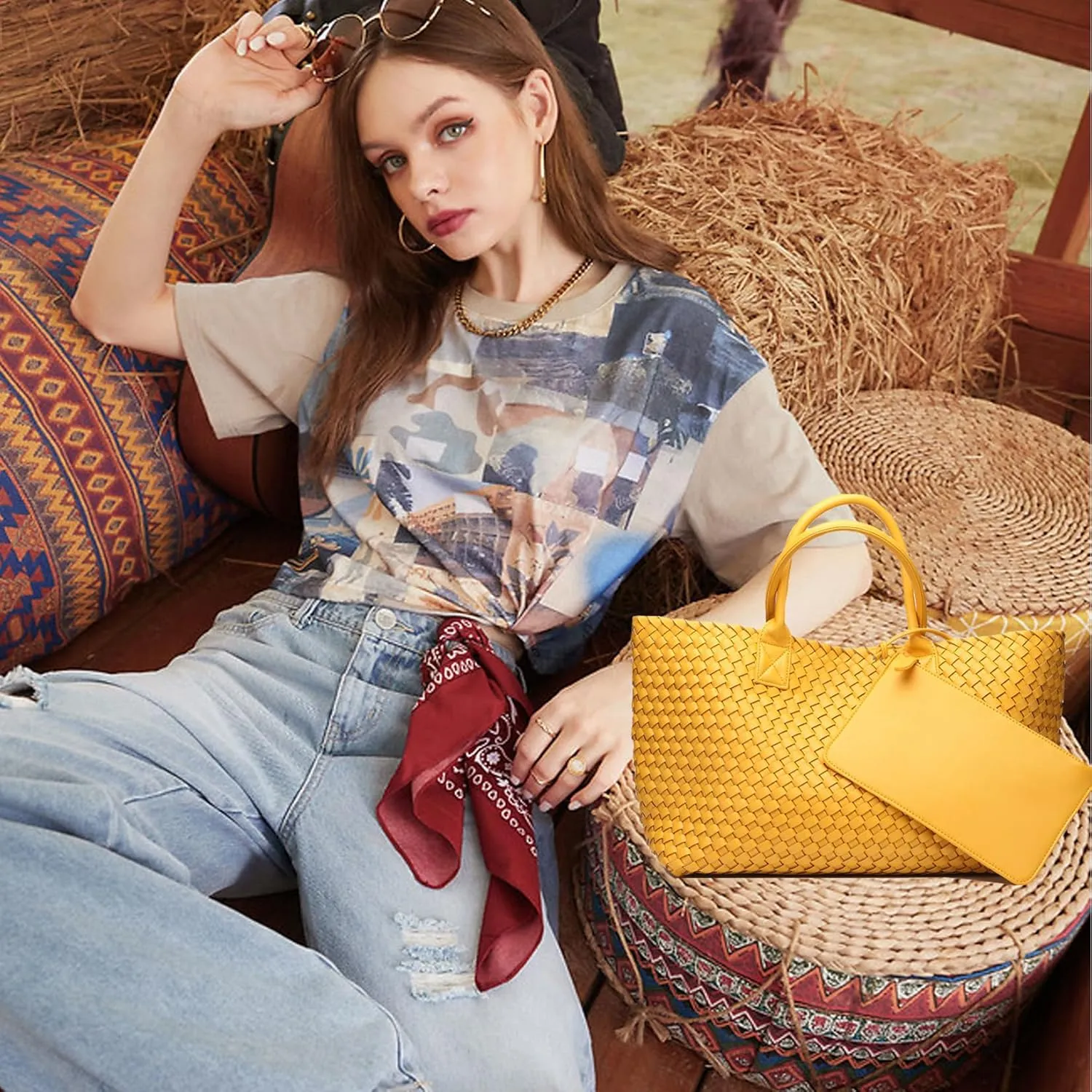 Woven Tote Bag Large Vegan Leather Bucket Bag, Fashion Handwoven Shopper Bags for Women