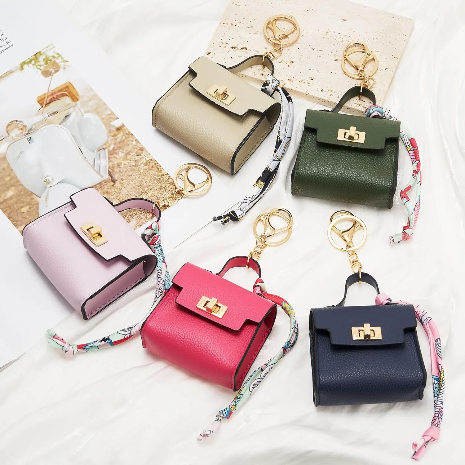 WOZEAH Mini Backpack Keychain for Women,Small Change Pouch Coin Purse Twist-lock with Key Headset Bag（Rose Red）