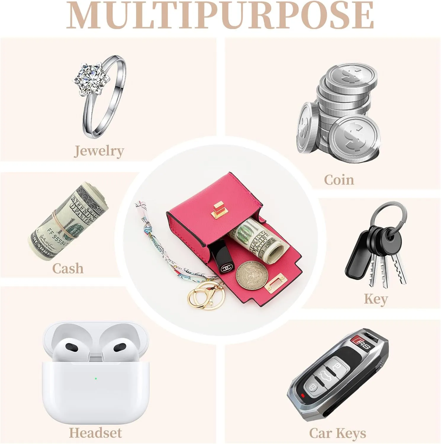 WOZEAH Mini Backpack Keychain for Women,Small Change Pouch Coin Purse Twist-lock with Key Headset Bag（Rose Red）