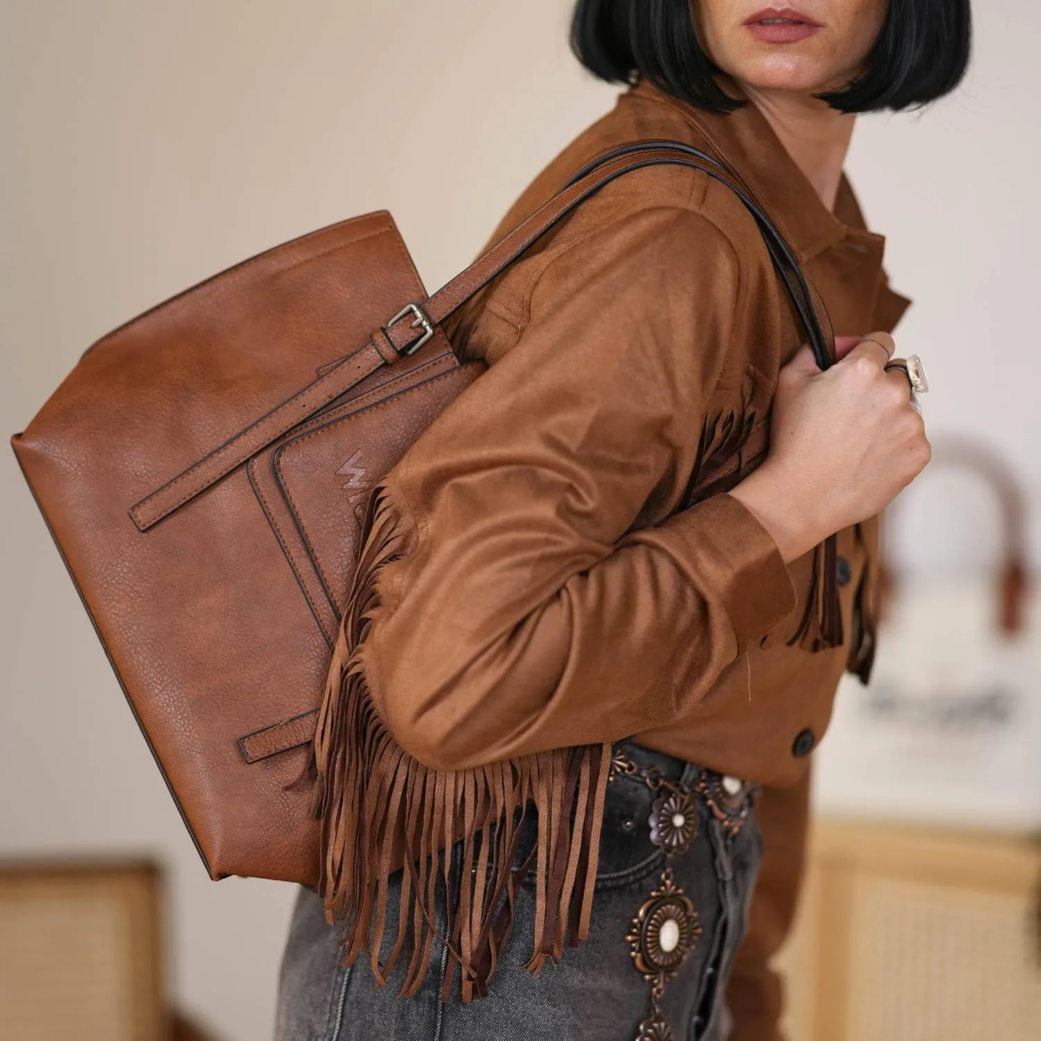 Wrangler Tote Handbags for Women Vegan Leather Shoulder Tote Purse with Small Crossbody Bag