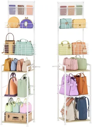 X-cosrack Tall Purse Organizer Storage Rack for Women,6-Tier Floor-Standing Purse Rack Shelf,Narrow & High-Capacity Handbag Organizer,Bag Organizer Stand ＆ Purse Holder Hanger for Small Place,White
