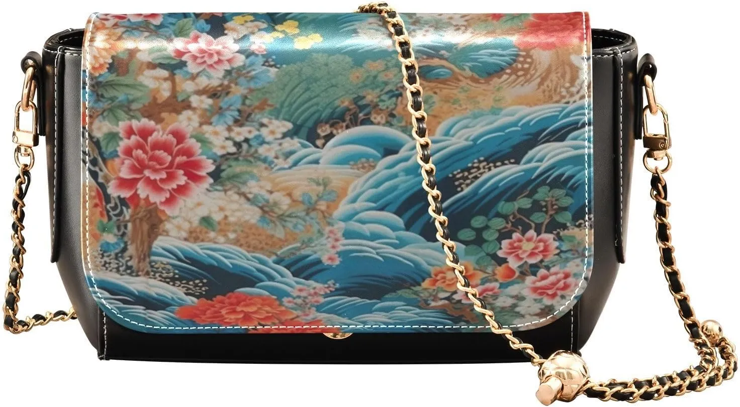 xigua Geometric Ethnic Leather Crossbody Bag for Women Small Handbag with Chain Strap, Flip-Top Crossbody Purse