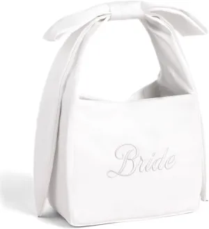 xo, Fetti White Satin Bride Bow Bag | Bachelorette Party Decorations, Bride To Be Purse, Bridal Shower Accessory, Engagement Party Outfit