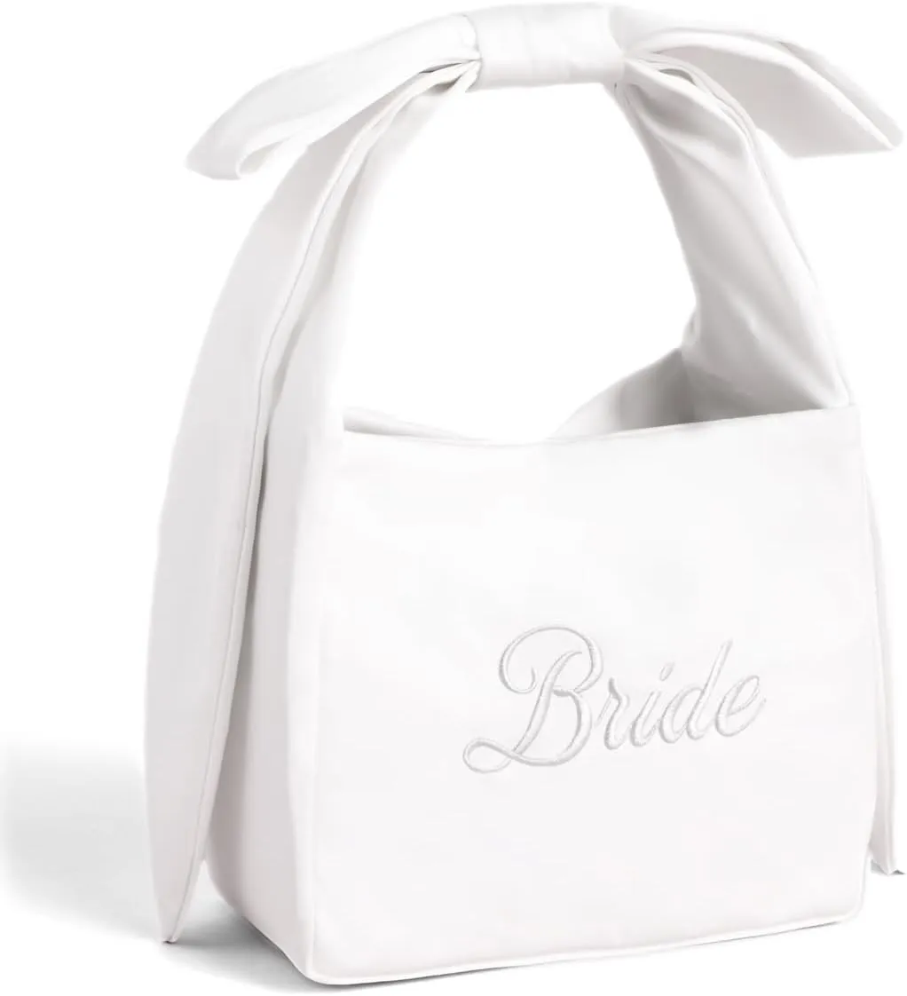 xo, Fetti White Satin Bride Bow Bag | Bachelorette Party Decorations, Bride To Be Purse, Bridal Shower Accessory, Engagement Party Outfit