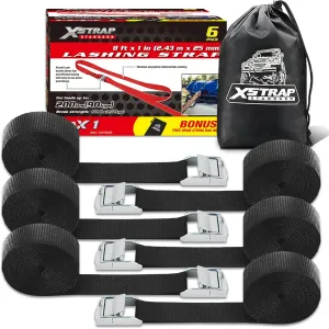XSTRAP STANDARD Cam Buckle Straps 6PK 8FT Powersports Tie-Downs 1-Inch Black Lashing Straps with Carry Bag, for Securing Cargo, Luggage, Motorcycles, Kayak