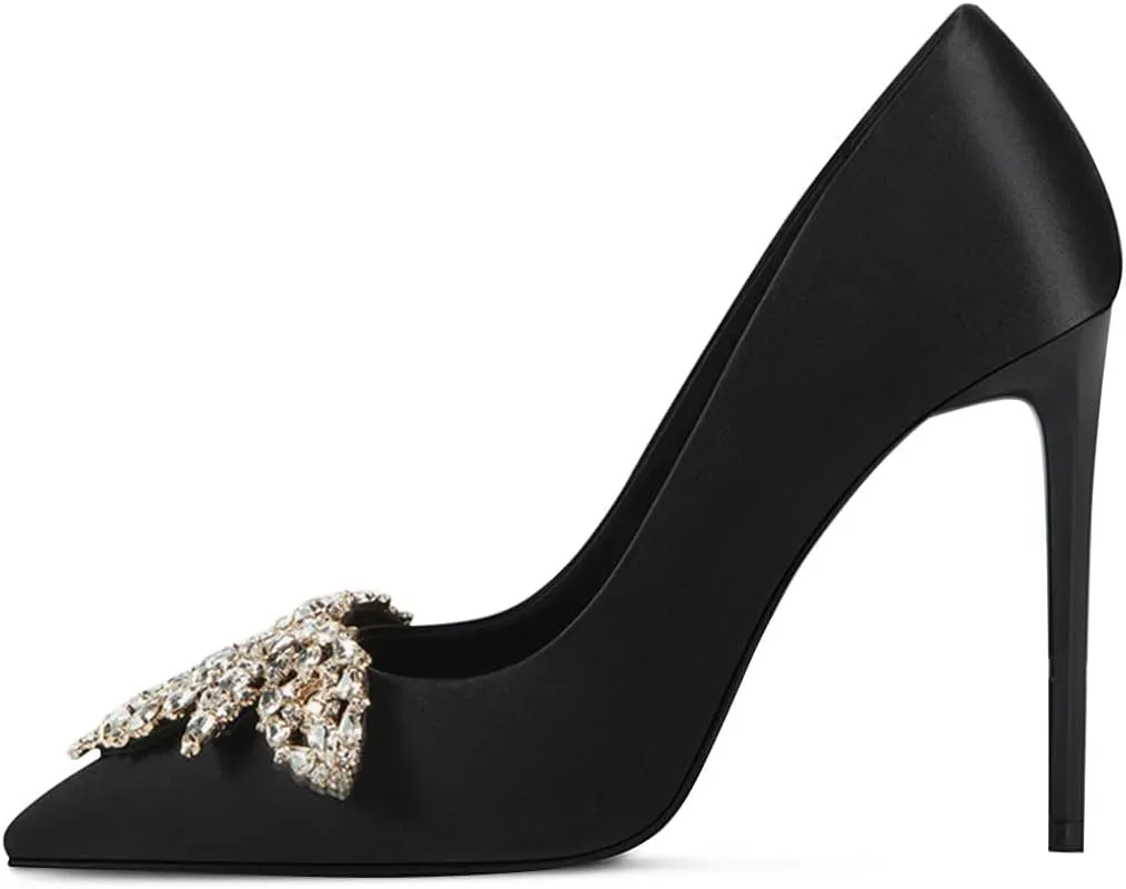 XYD Pointed Toe Sparkly Maple Leaf Crystal Clips Pumps for Women Silk Satin Slip On Stiletto Heels Chic Bride Dress Party Prom Shoes