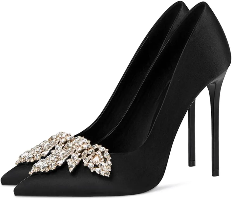 XYD Pointed Toe Sparkly Maple Leaf Crystal Clips Pumps for Women Silk Satin Slip On Stiletto Heels Chic Bride Dress Party Prom Shoes