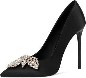 XYD Pointed Toe Sparkly Maple Leaf Crystal Clips Pumps for Women Silk Satin Slip On Stiletto Heels Chic Bride Dress Party Prom Shoes