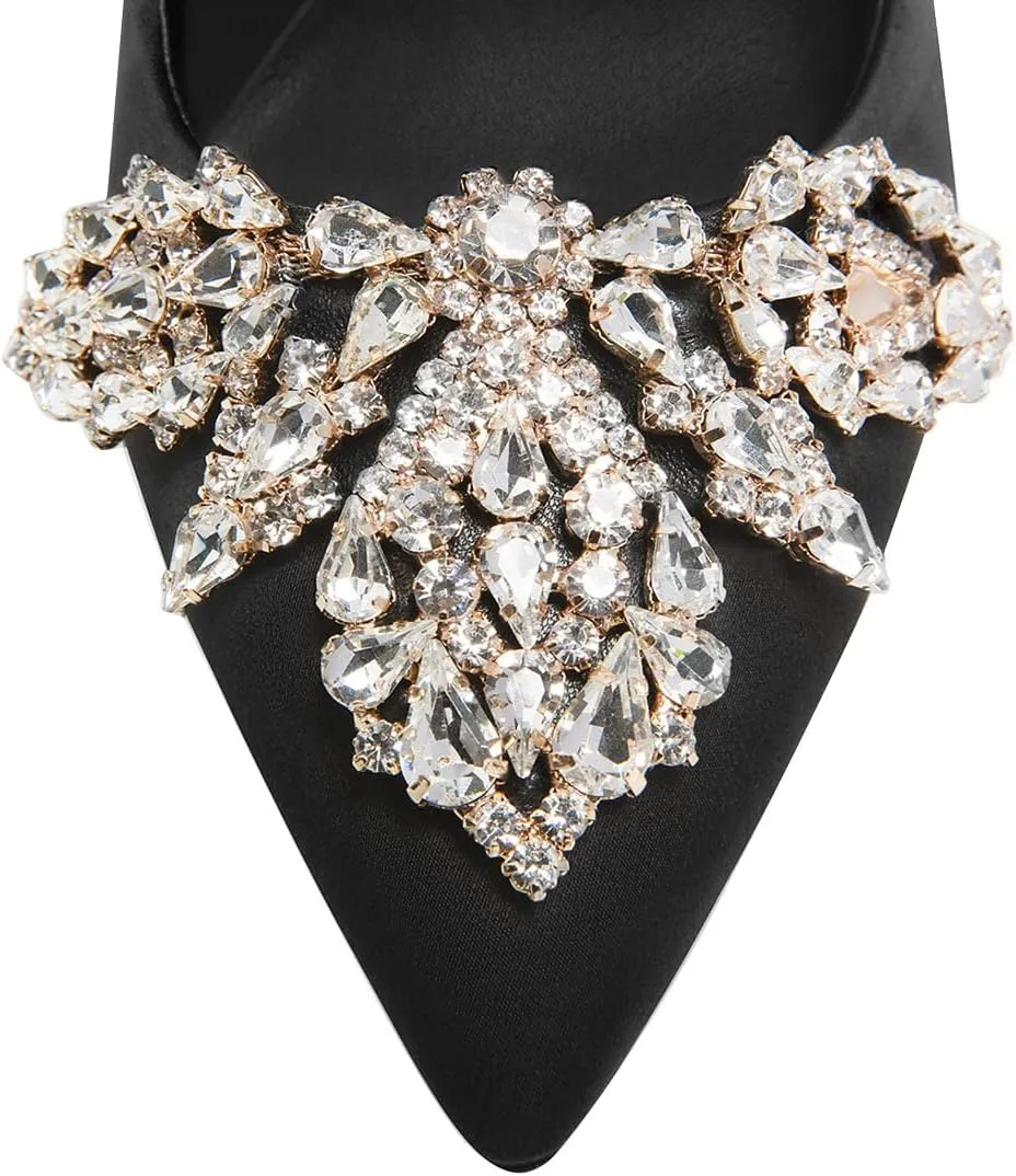 XYD Pointed Toe Sparkly Maple Leaf Crystal Clips Pumps for Women Silk Satin Slip On Stiletto Heels Chic Bride Dress Party Prom Shoes