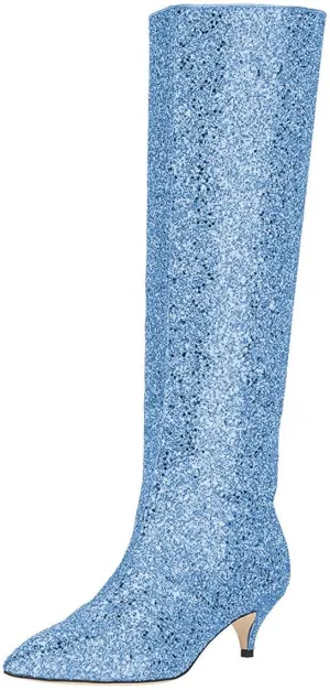 XYD Women Chic Pointy Toe Glitter Knee High Boots Kitten Low Heel Pull On Sequins Sparkly Booties with Side Zipper Dress Shoes