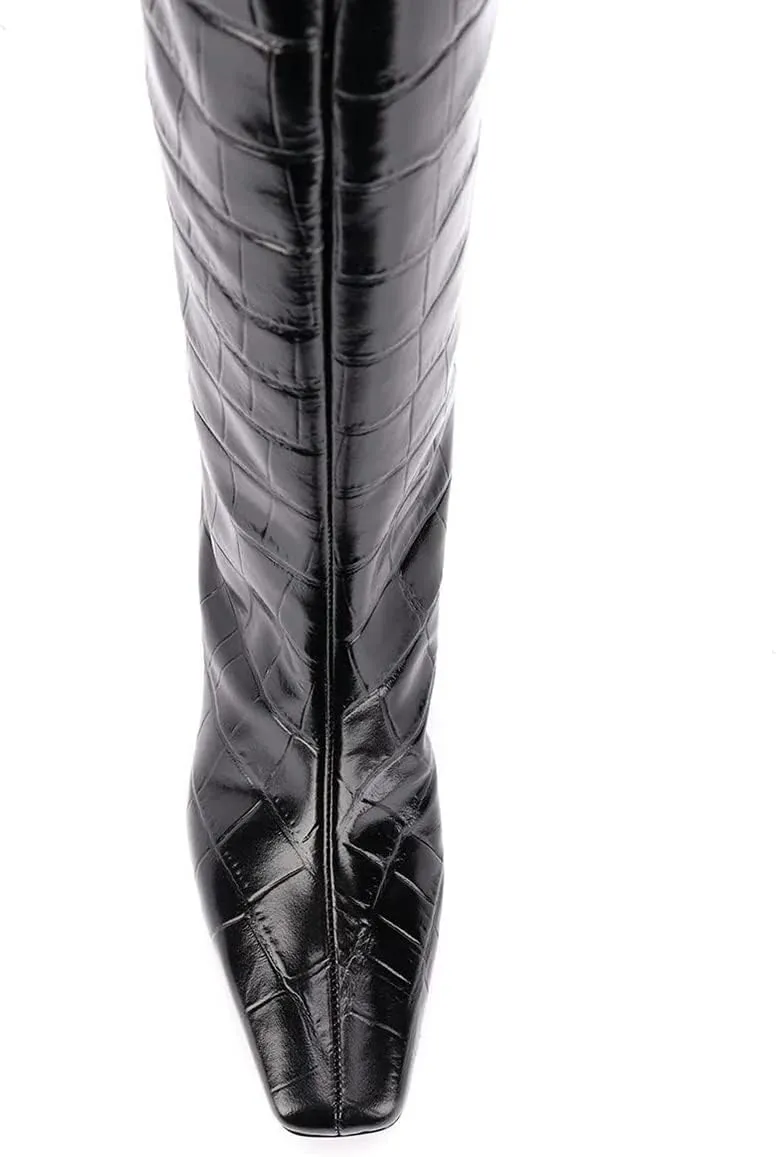 XYD Women Chic Pointy Toe Glitter Knee High Boots Kitten Low Heel Pull On Sequins Sparkly Booties with Side Zipper Dress Shoes
