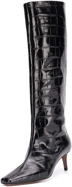 XYD Women Chic Pointy Toe Glitter Knee High Boots Kitten Low Heel Pull On Sequins Sparkly Booties with Side Zipper Dress Shoes