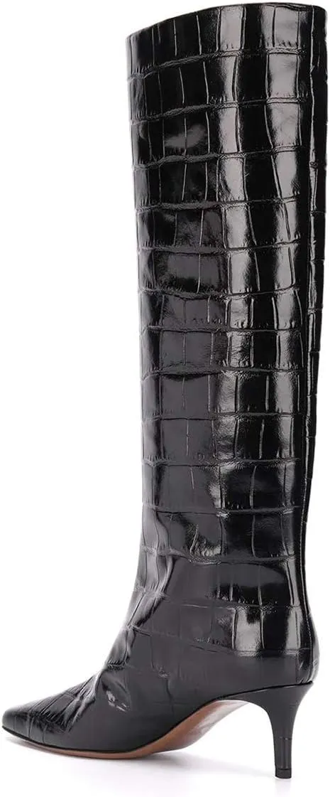 XYD Women Chic Pointy Toe Glitter Knee High Boots Kitten Low Heel Pull On Sequins Sparkly Booties with Side Zipper Dress Shoes