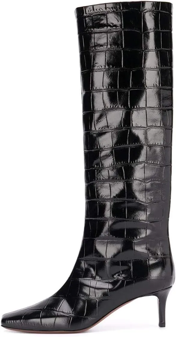 XYD Women Chic Pointy Toe Glitter Knee High Boots Kitten Low Heel Pull On Sequins Sparkly Booties with Side Zipper Dress Shoes