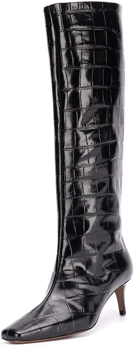 XYD Women Chic Pointy Toe Glitter Knee High Boots Kitten Low Heel Pull On Sequins Sparkly Booties with Side Zipper Dress Shoes