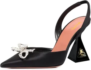 XYD Women Slingbacks Closed Pointed Toe Crystal Bow Pumps Spool High Heels Slip On Dress Wedding Shoes