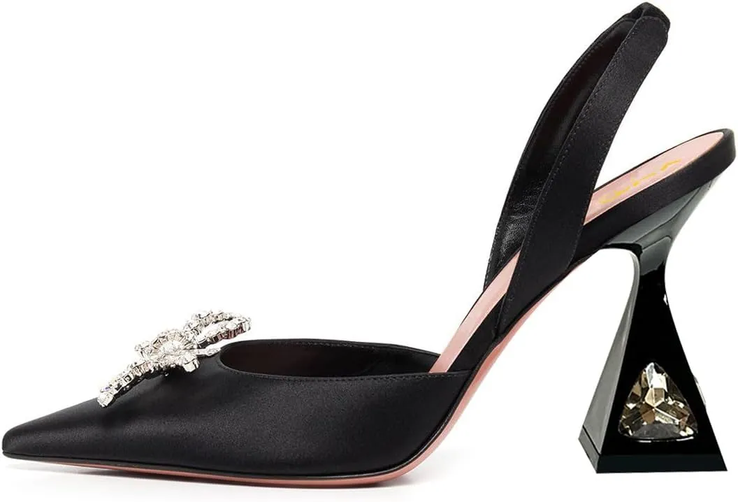 XYD Women Slingbacks Closed Pointed Toe Crystal Bow Pumps Spool High Heels Slip On Dress Wedding Shoes