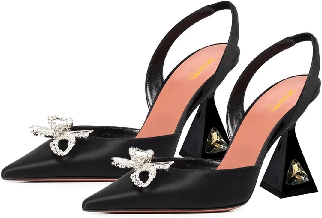 XYD Women Slingbacks Closed Pointed Toe Crystal Bow Pumps Spool High Heels Slip On Dress Wedding Shoes