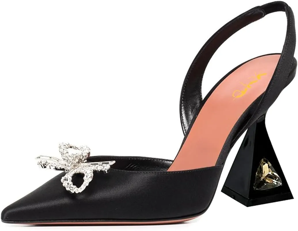 XYD Women Slingbacks Closed Pointed Toe Crystal Bow Pumps Spool High Heels Slip On Dress Wedding Shoes