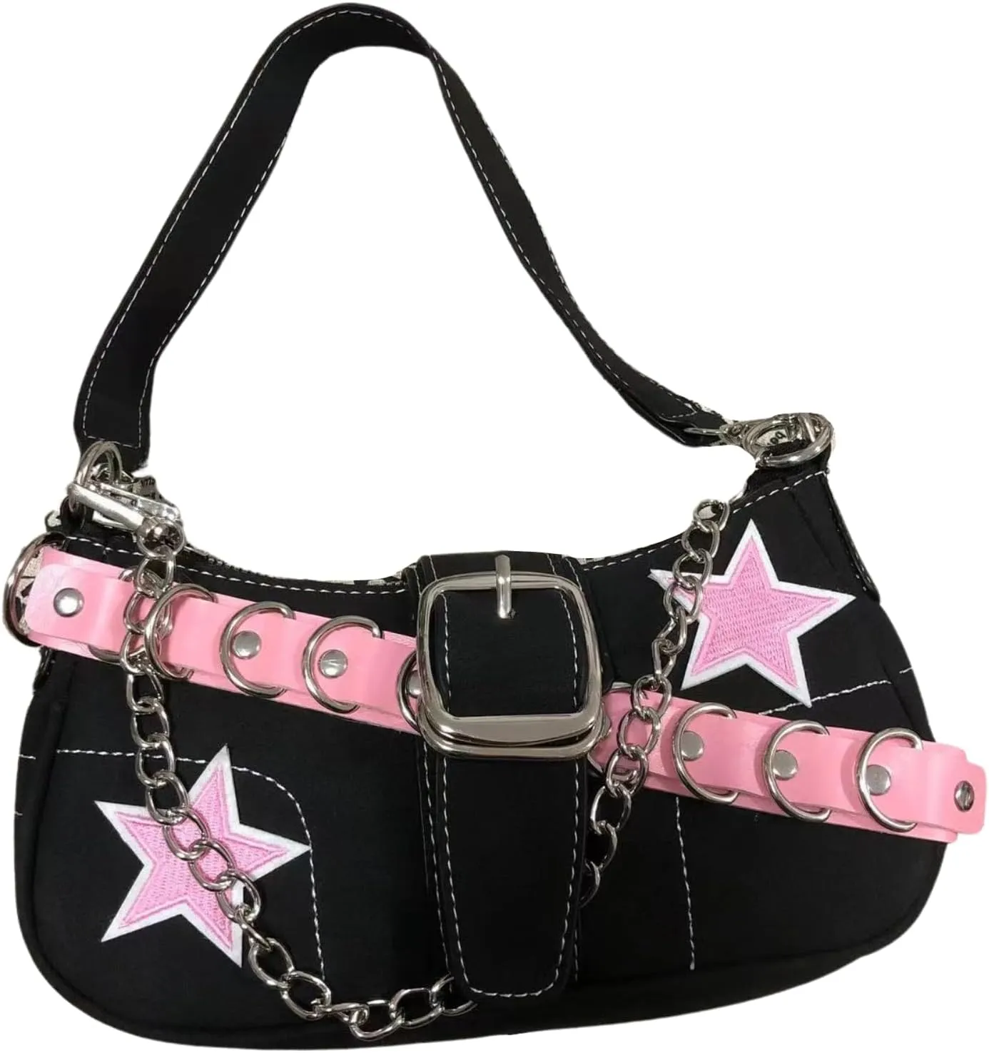 Y2K Aesthetic Shoulder Purse Handbag Women Hajaruku Star Bags Punk Chain Belt Canvas Purse Small Hobo Bag Y2K Stuff