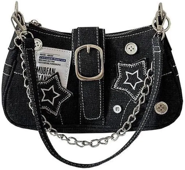 Y2K Shoulder Bag Women Star Bag Button Chain Y2K Accessories Denim Canvas Shoulder Purse Small Hobo Bag Crossbody Bag