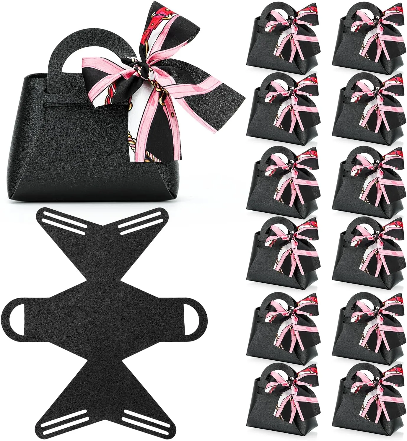 yadiana 12 Pack Pu Leather Purse Gift Bags with Handle, Cute Wedding Candy Purse Gift Boxes with Ribbon, Reusable Mini Party Favor Bags for Baby Shower Birthday Christmas Halloween Decoration (Black)