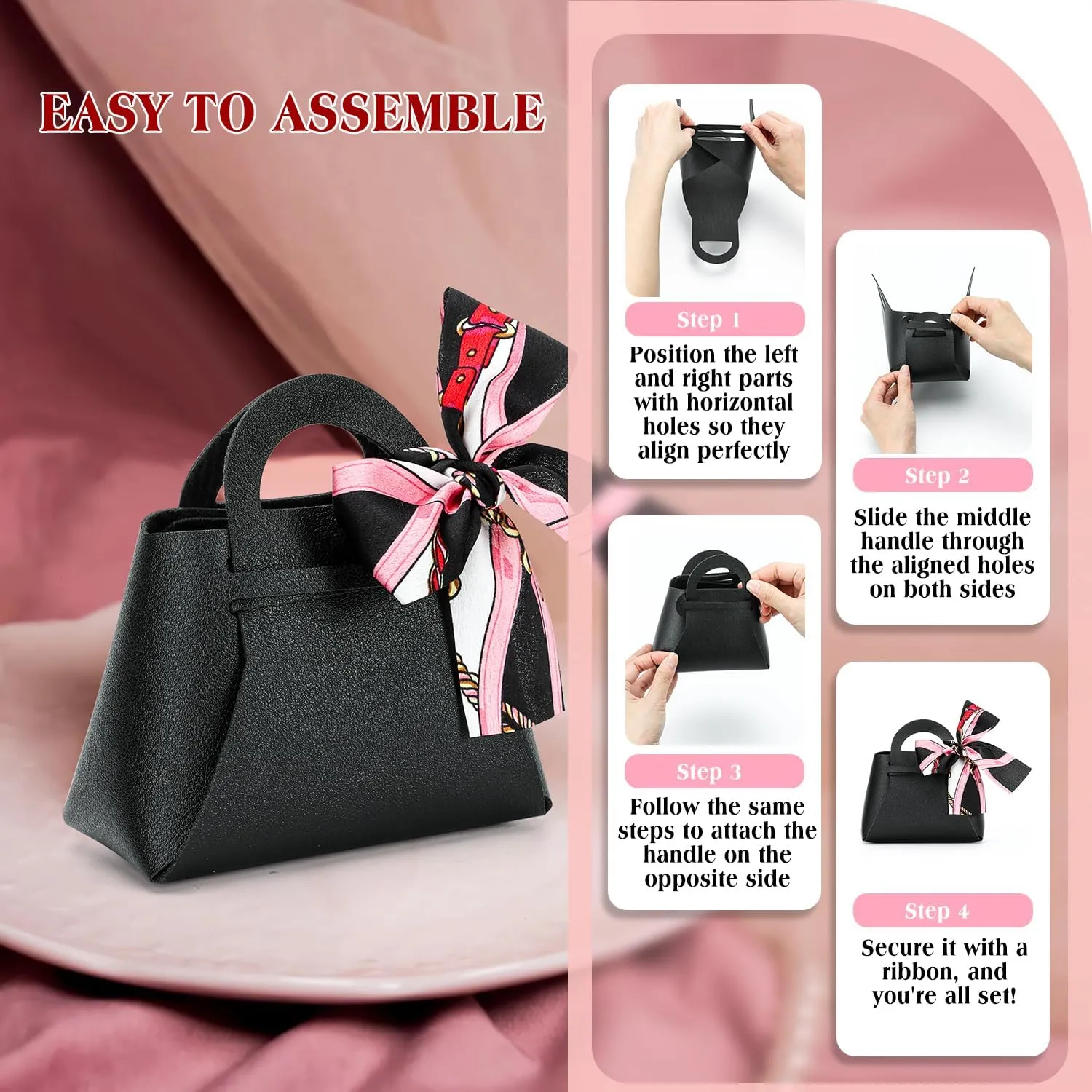 yadiana 12 Pack Pu Leather Purse Gift Bags with Handle, Cute Wedding Candy Purse Gift Boxes with Ribbon, Reusable Mini Party Favor Bags for Baby Shower Birthday Christmas Halloween Decoration (Black)