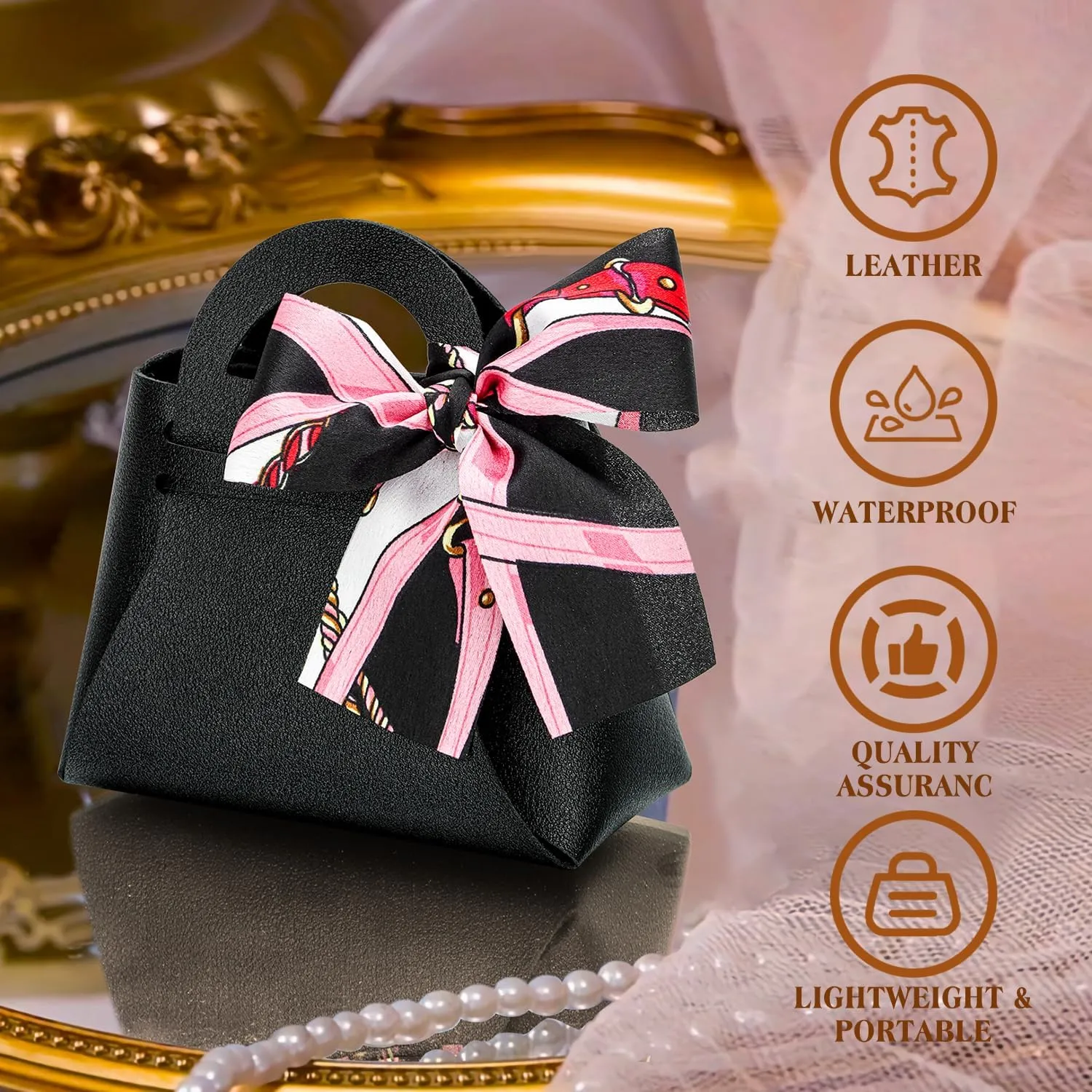 yadiana 12 Pack Pu Leather Purse Gift Bags with Handle, Cute Wedding Candy Purse Gift Boxes with Ribbon, Reusable Mini Party Favor Bags for Baby Shower Birthday Christmas Halloween Decoration (Black)