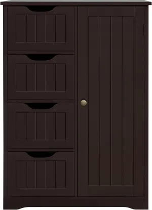 Yaheetech Wooden Bathroom Floor Cabinet, Side Storage Organizer Cabinet with 4 Drawers and 1 Cupboard, Freestanding Entryway Storage Unit Console Table, Home Decor Furniture, Brown