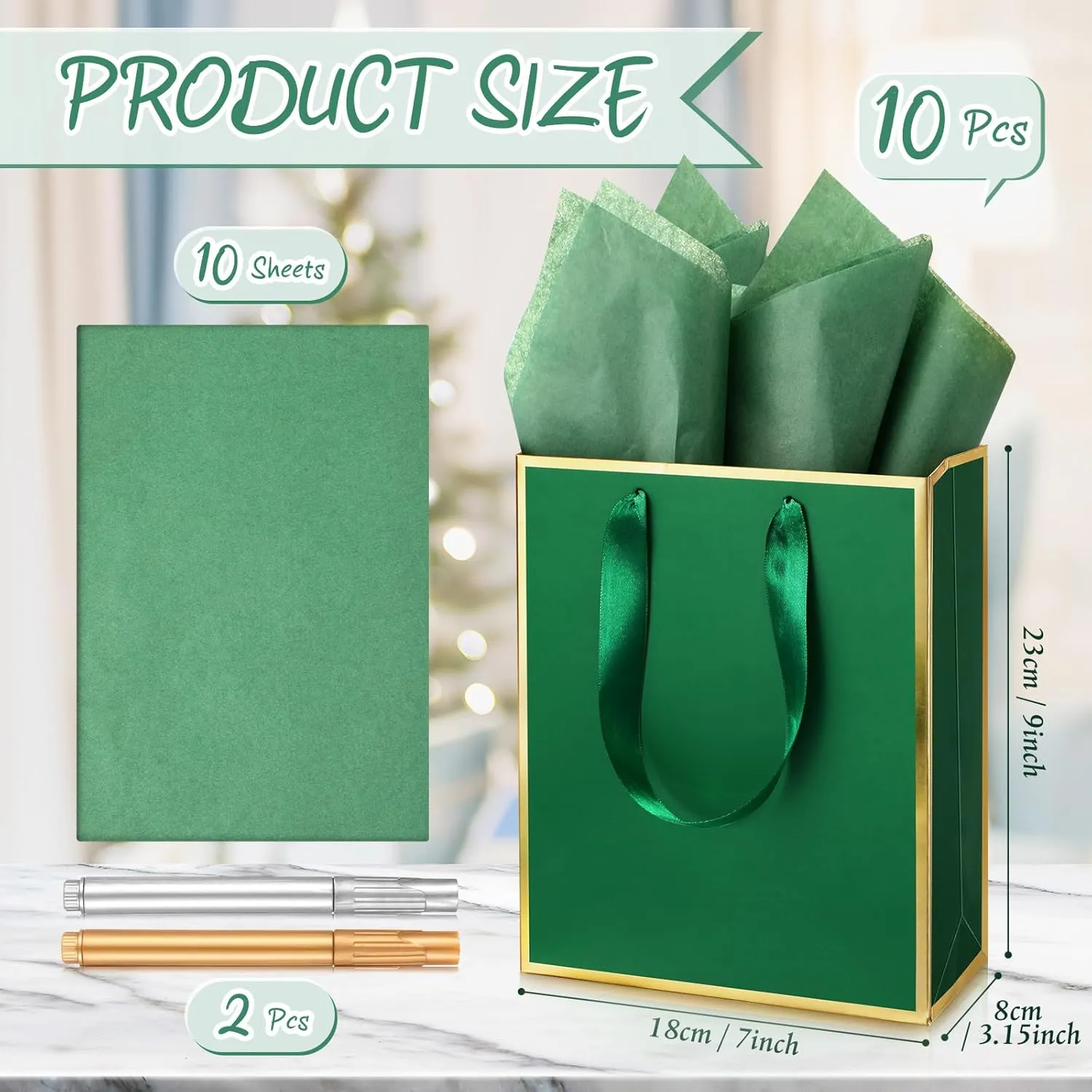 Yeaqee 10 Pack Metallic Paper Gift Bags with Handles Tissue Paper Thank You 5 Senses Gift Bags for Him Her Graduation Baby Shower Wedding Bridal Shower Groomsmen Favor 9 x 7 x 3.15''(Green, Gold)