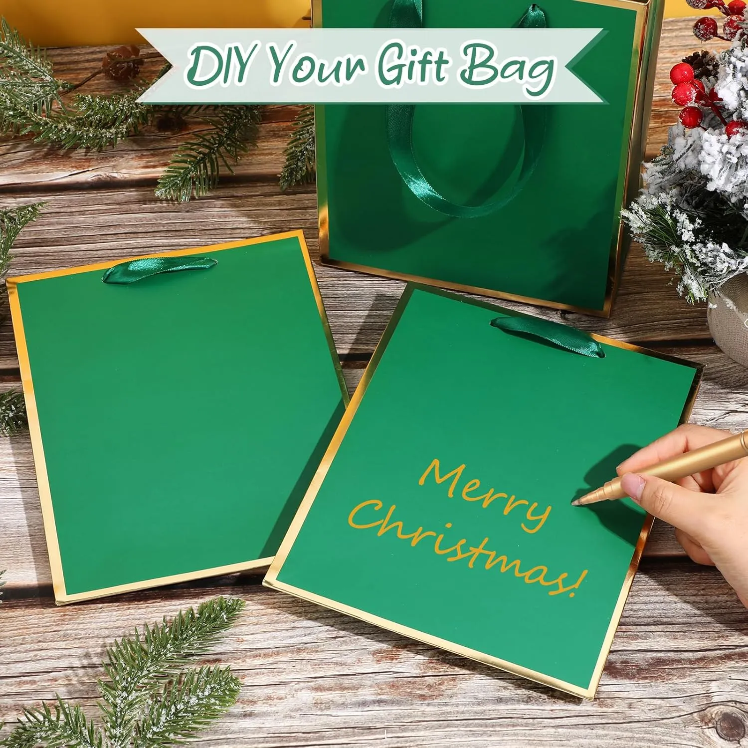 Yeaqee 10 Pack Metallic Paper Gift Bags with Handles Tissue Paper Thank You 5 Senses Gift Bags for Him Her Graduation Baby Shower Wedding Bridal Shower Groomsmen Favor 9 x 7 x 3.15''(Green, Gold)