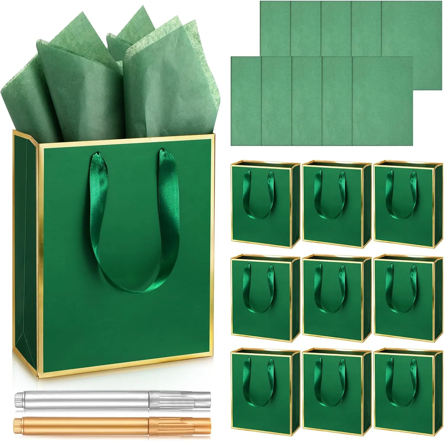 Yeaqee 10 Pack Metallic Paper Gift Bags with Handles Tissue Paper Thank You 5 Senses Gift Bags for Him Her Graduation Baby Shower Wedding Bridal Shower Groomsmen Favor 9 x 7 x 3.15''(Green, Gold)