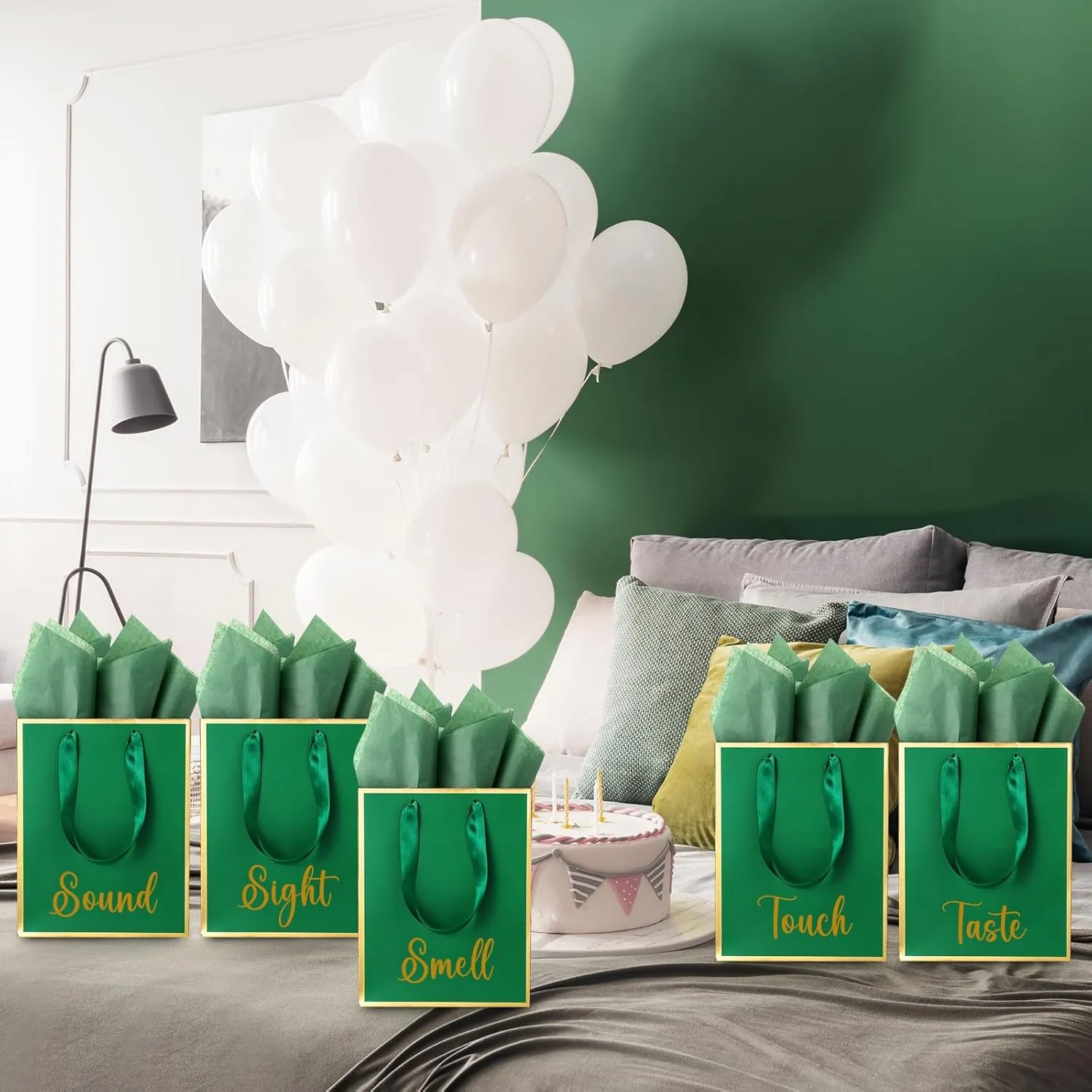 Yeaqee 10 Pack Metallic Paper Gift Bags with Handles Tissue Paper Thank You 5 Senses Gift Bags for Him Her Graduation Baby Shower Wedding Bridal Shower Groomsmen Favor 9 x 7 x 3.15''(Green, Gold)