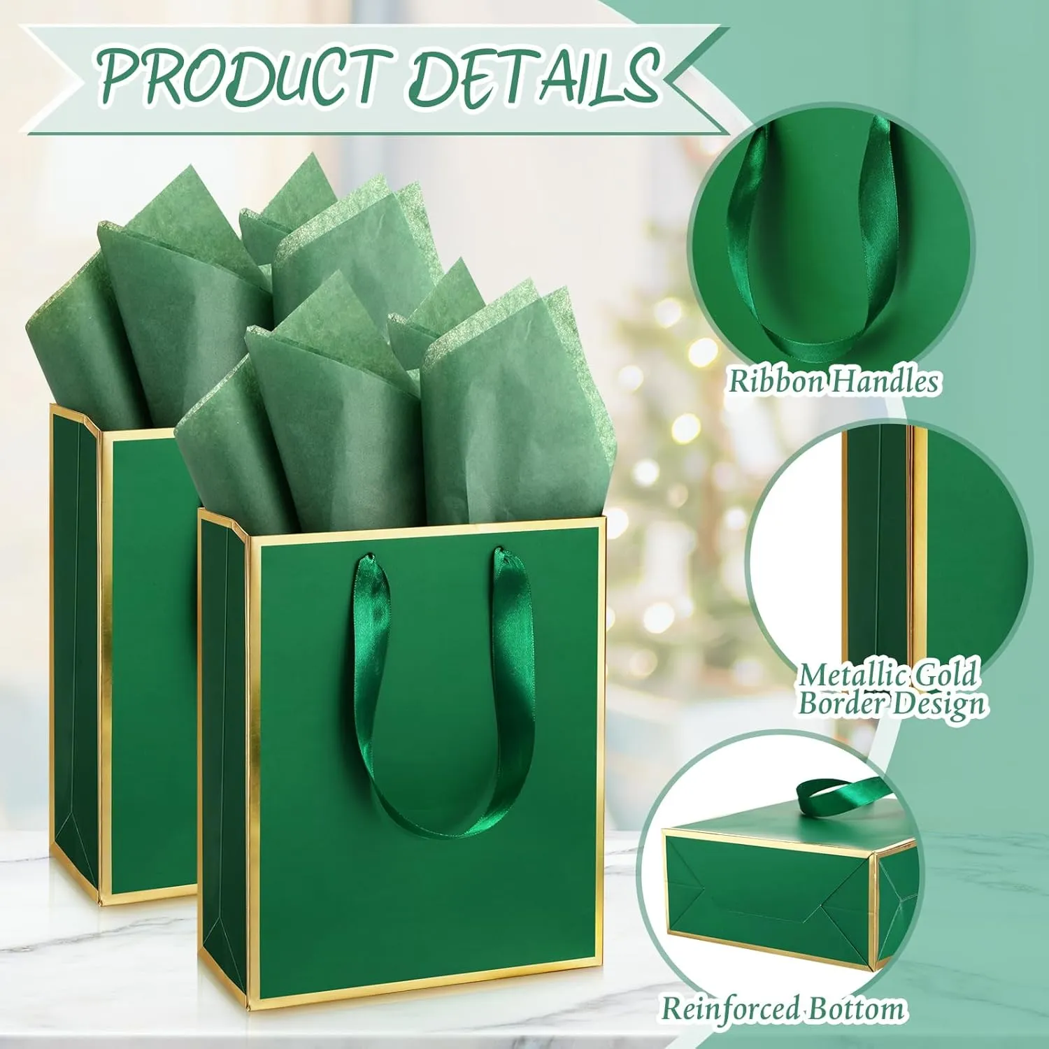 Yeaqee 10 Pack Metallic Paper Gift Bags with Handles Tissue Paper Thank You 5 Senses Gift Bags for Him Her Graduation Baby Shower Wedding Bridal Shower Groomsmen Favor 9 x 7 x 3.15''(Green, Gold)